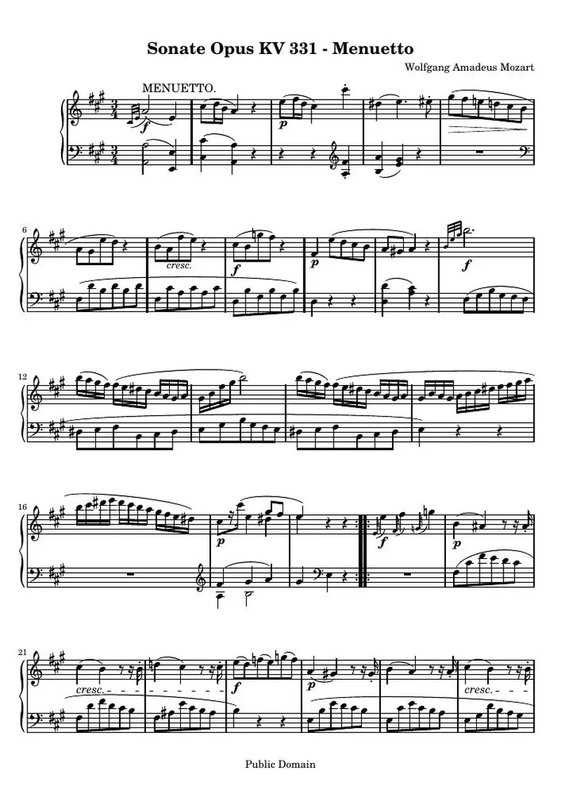 Первая страница нот «Sonate Opus KV 331 - Менуэтto»