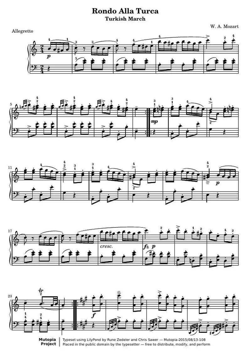 Первая страница нот «Sonate Opus KV 331 - Рондо Alla Turca»