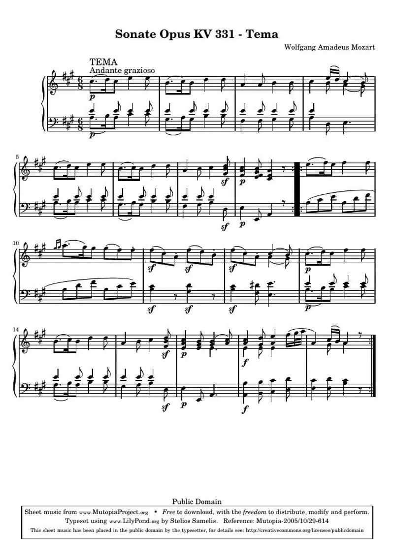 Первая страница нот «Sonate Opus KV 331 - Tema»