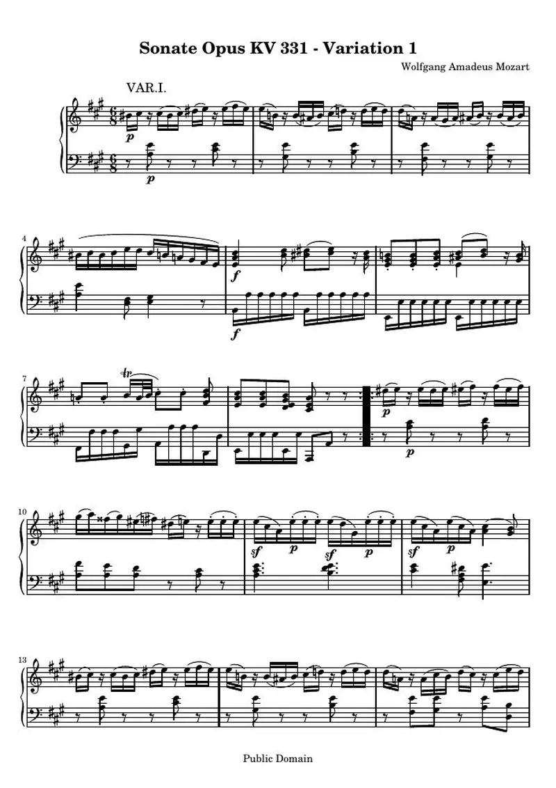 Первая страница нот «Sonate Opus KV 331 - Variation 1»