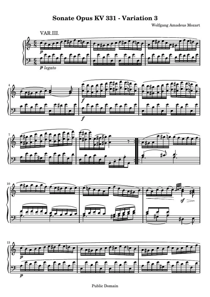 Первая страница нот «Sonate Opus KV 331 - Variation 3»