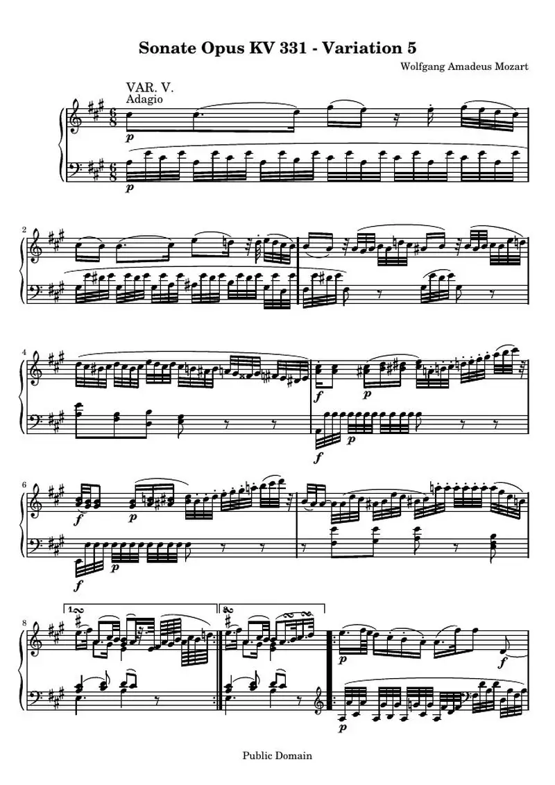 Первая страница нот «Sonate Opus KV 331 - Variation 5»