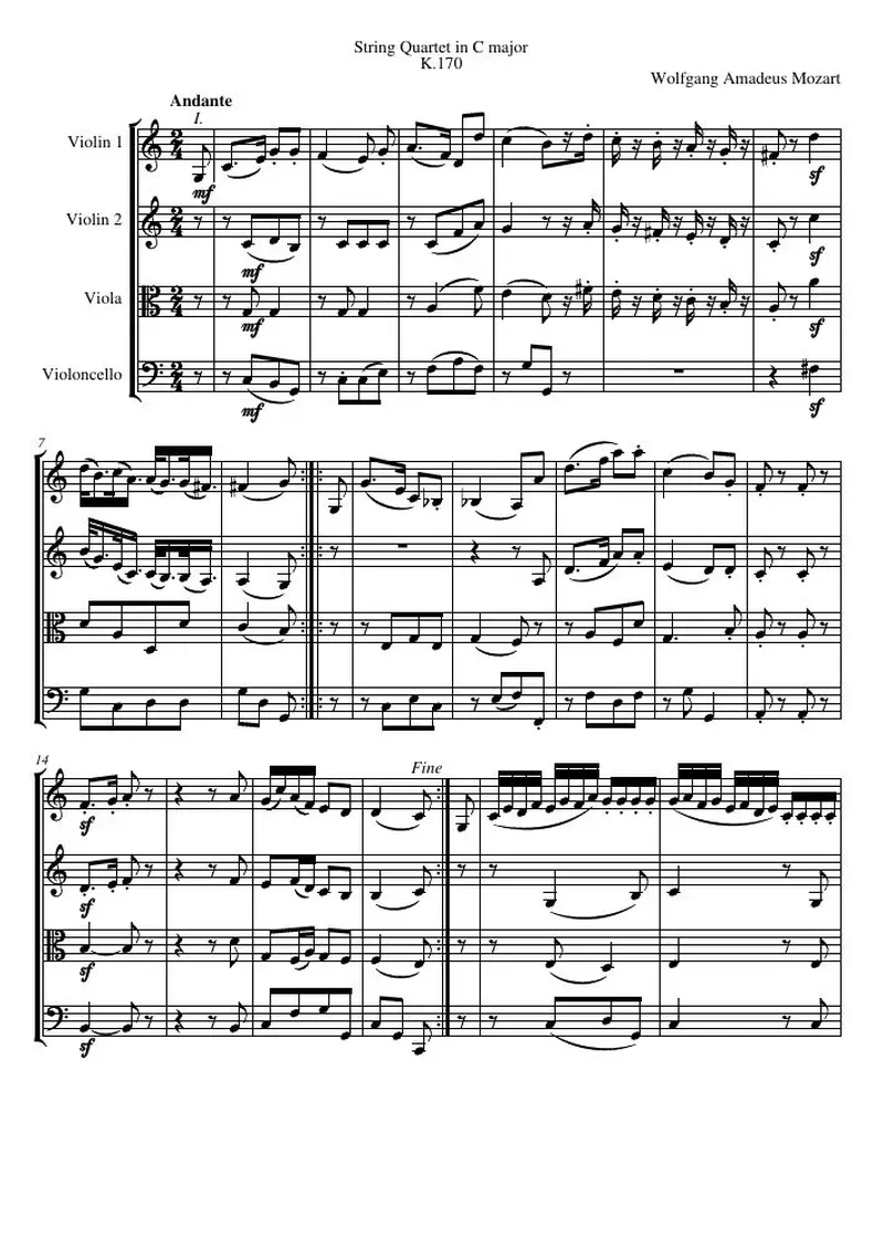 Первая страница нот «Струнный квартет C major, K.170»