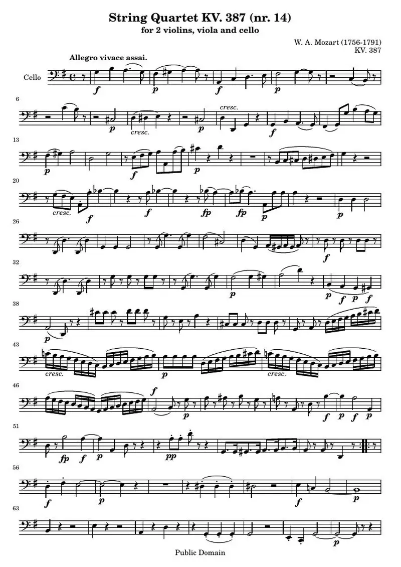 Первая страница нот «Струнный квартет KV. 387 (nr. 14) (KV 387) — k387-cello»