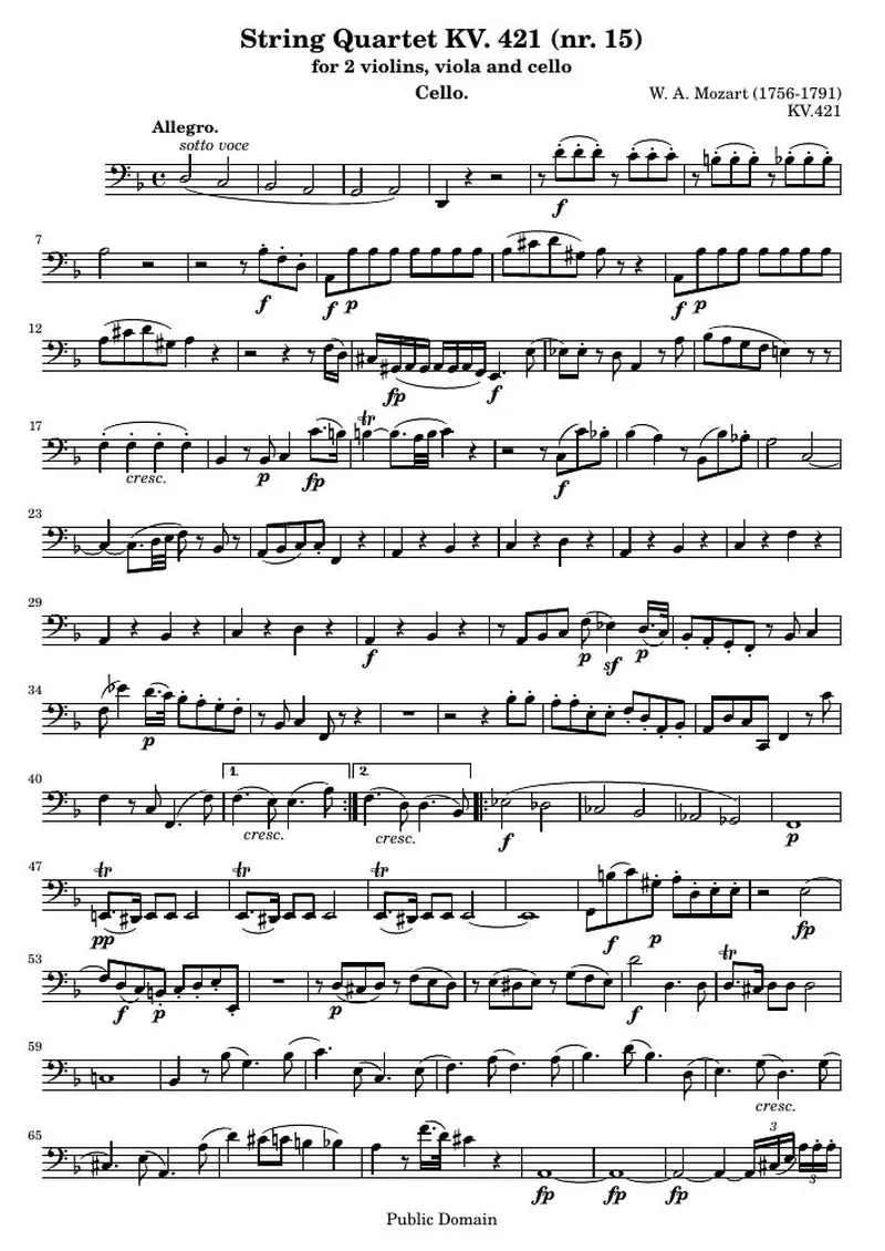 Первая страница нот «Струнный квартет KV. 421 (nr. 15) (KV 421) — k421-cello»