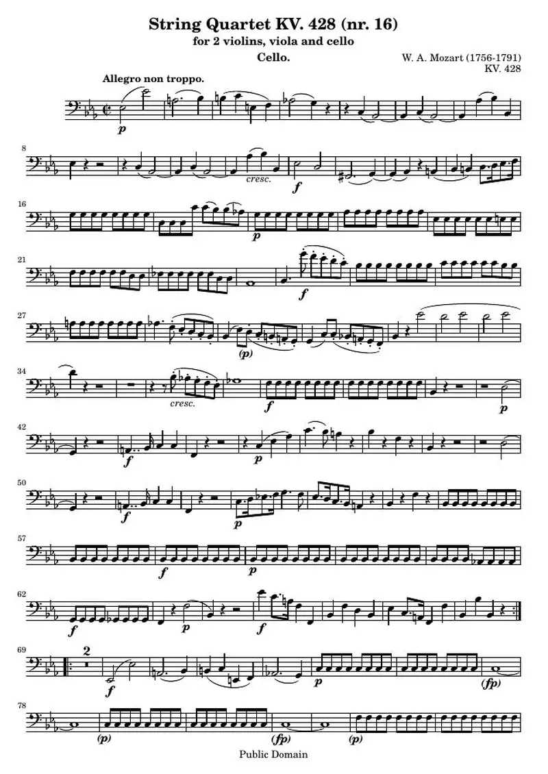 Первая страница нот «Струнный квартет KV. 428 (nr. 16) (KV 428) — k428-cello»