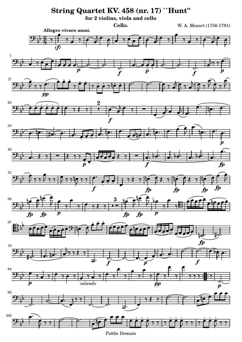 Первая страница нот «Струнный квартет KV. 458 (nr. 17) "Hunt" (KV 458) — k458-cello»
