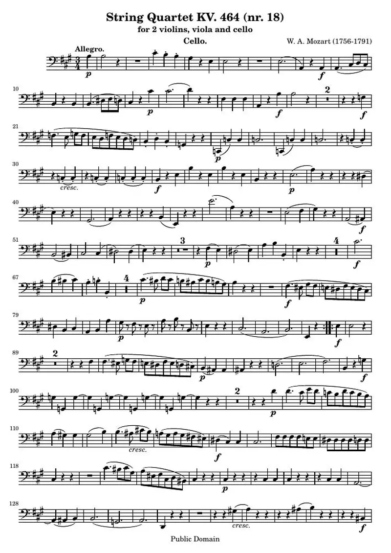 Первая страница нот «Струнный квартет KV. 464 (nr. 18) (KV 464) — k464-cello»