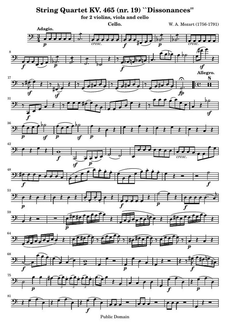 Первая страница нот «Струнный квартет KV. 465 (nr. 19) "Dissonances" (KV 465) — k465-cello»