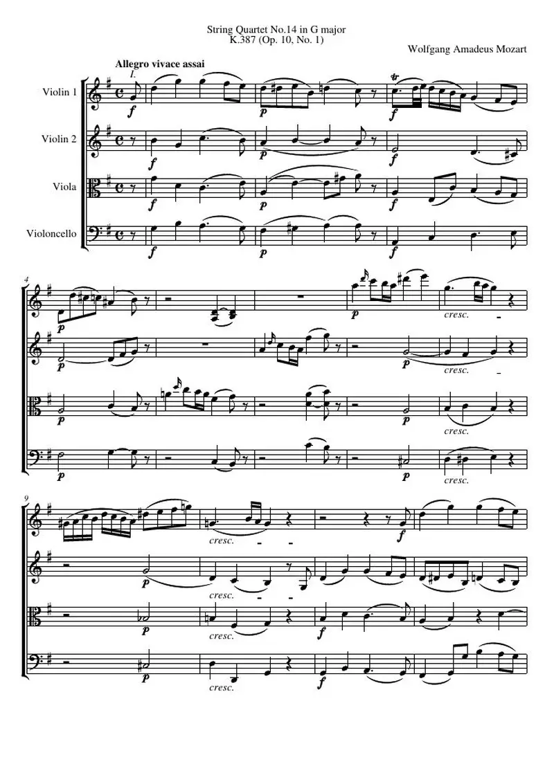 Первая страница нот «Струнный квартет №14 G major, K.387 (соч. 10, № 1)»