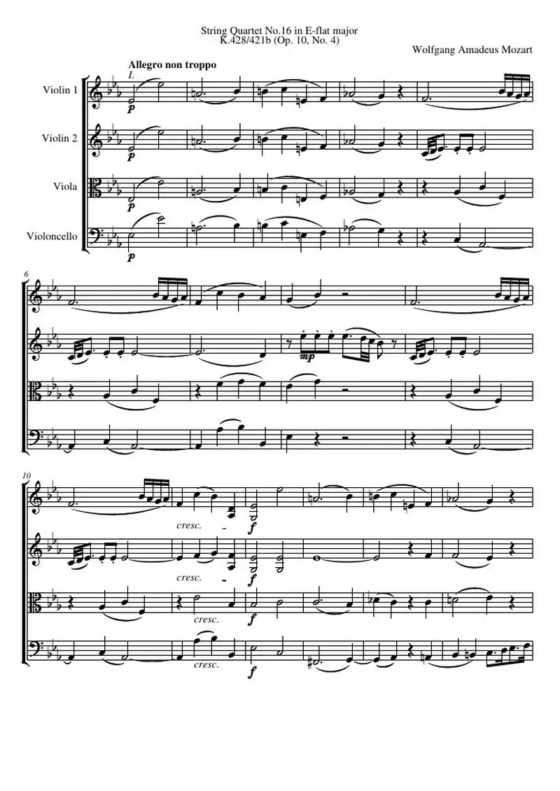 Первая страница нот «Струнный квартет №16 E-flat major, K.428/421b (соч. 10, № 4)»
