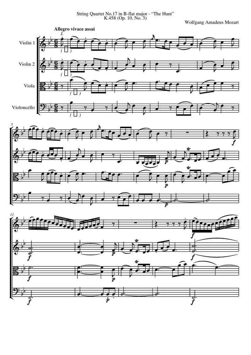 Первая страница нот «Струнный квартет №17 B-flat major, K.458 (соч. 10, № 3)»