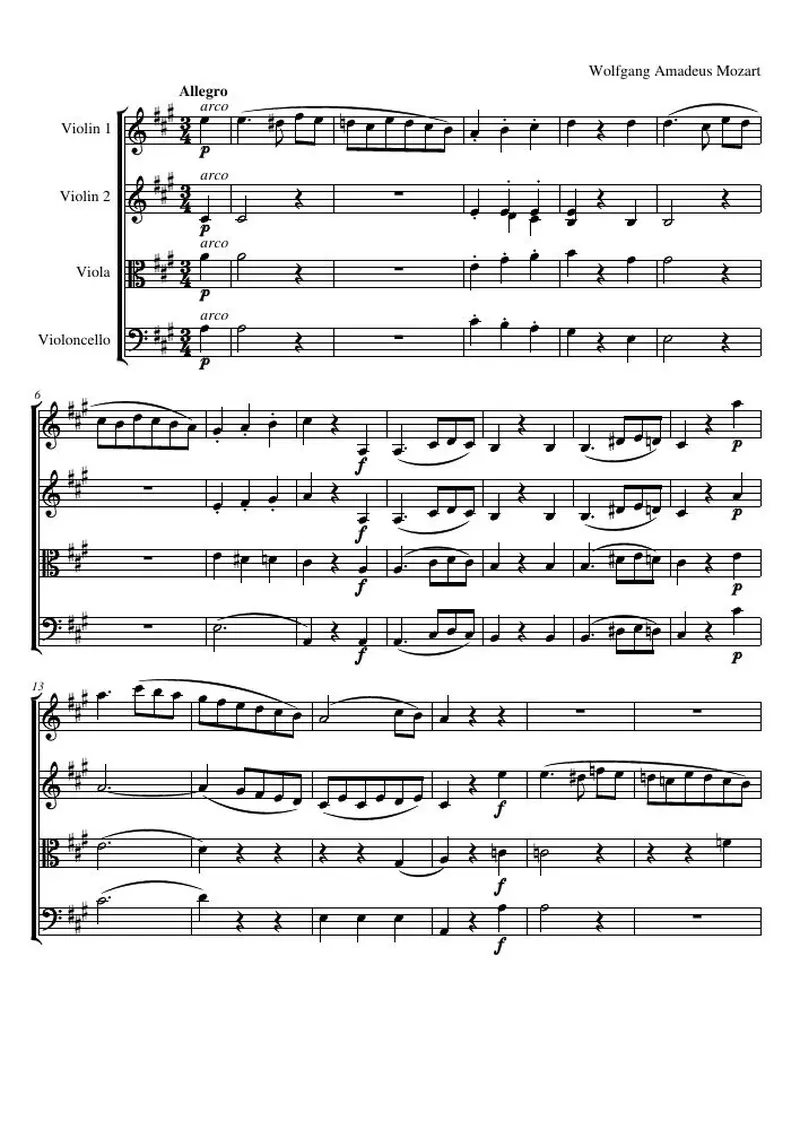 Первая страница нот «Струнный квартет №18 A major, K.464 (соч. 10, № 5): Allegro, № 2»