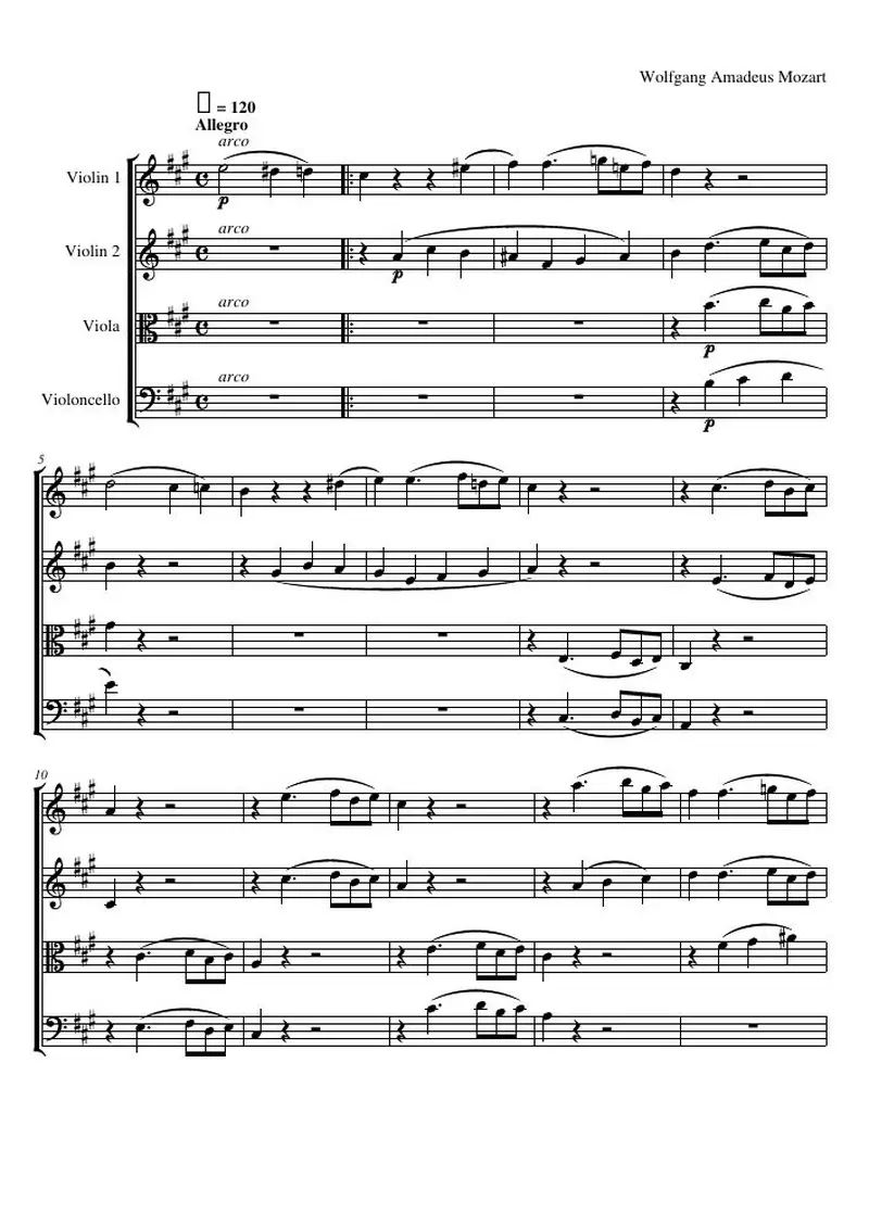Первая страница нот «Струнный квартет №18 A major, K.464 (соч. 10, № 5): Allegro»
