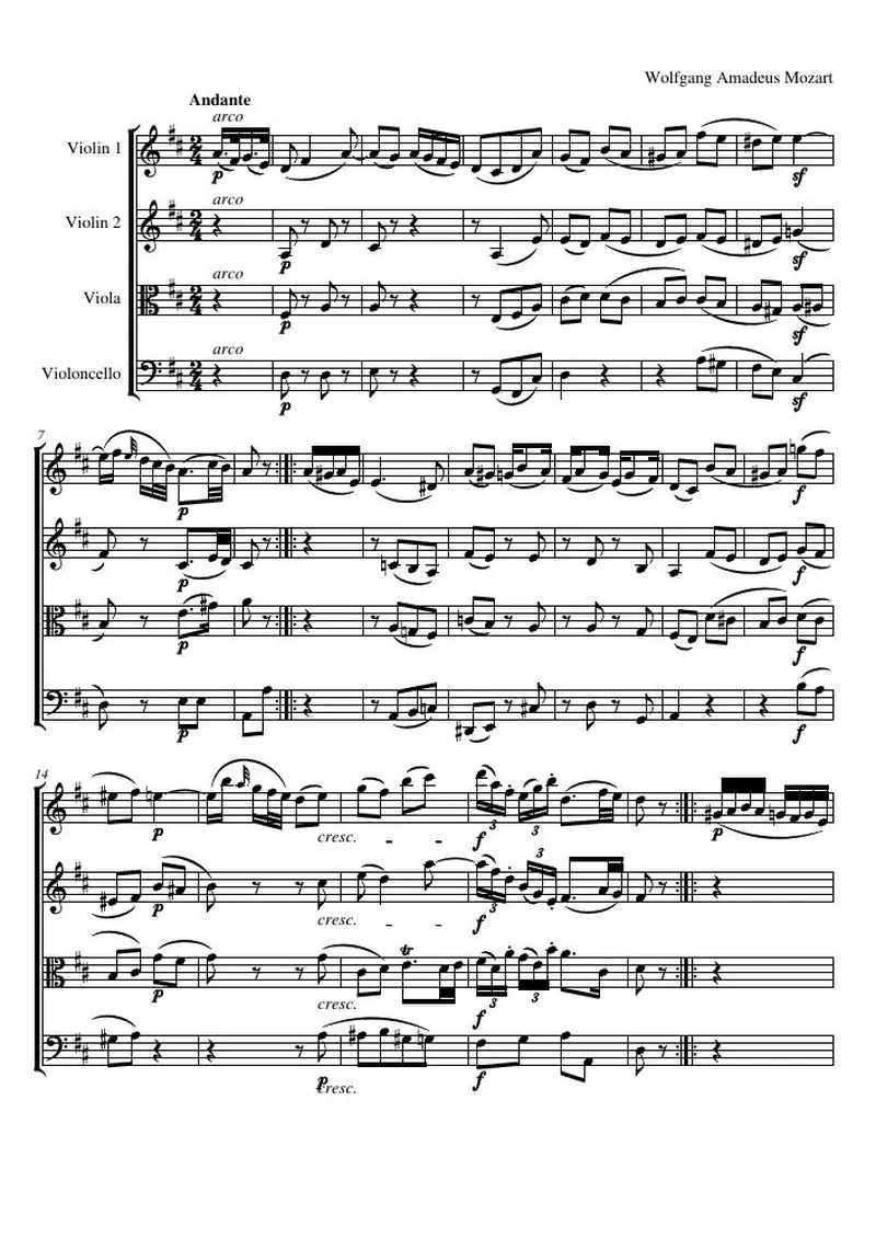 Первая страница нот «Струнный квартет №18 A major, K.464 (соч. 10, № 5): Andante»