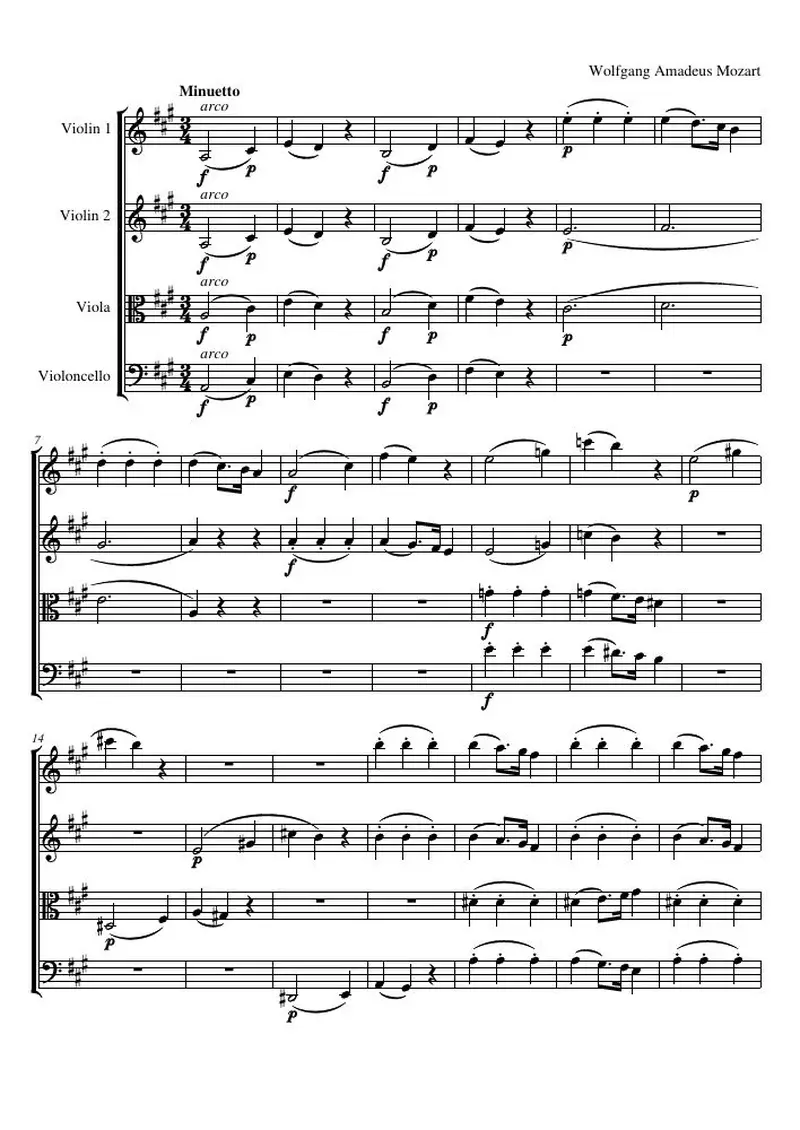 Первая страница нот «Струнный квартет №18 A major, K.464 (соч. 10, № 5): Менуэтto and Trio»