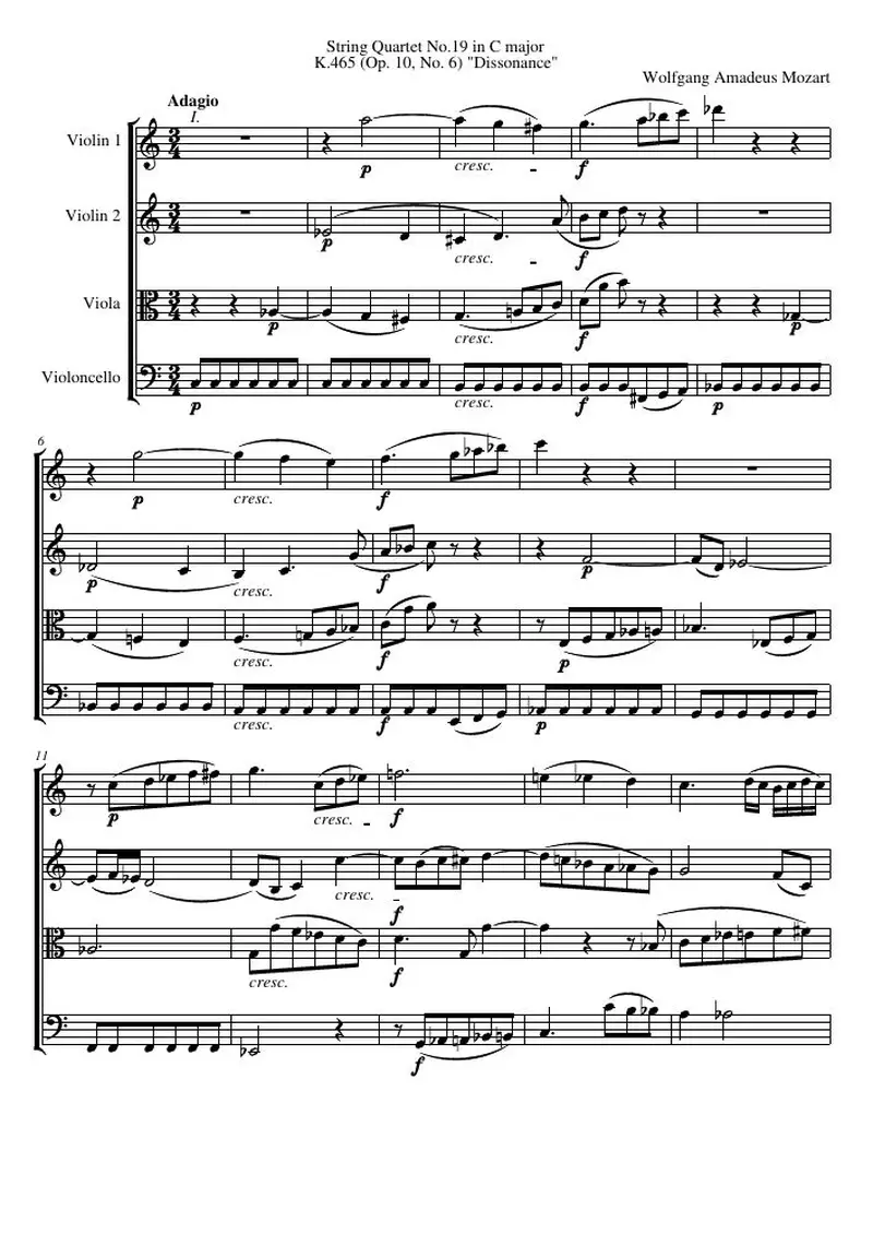 Первая страница нот «Струнный квартет №19 C major, K.465 (соч. 10, № 6)»