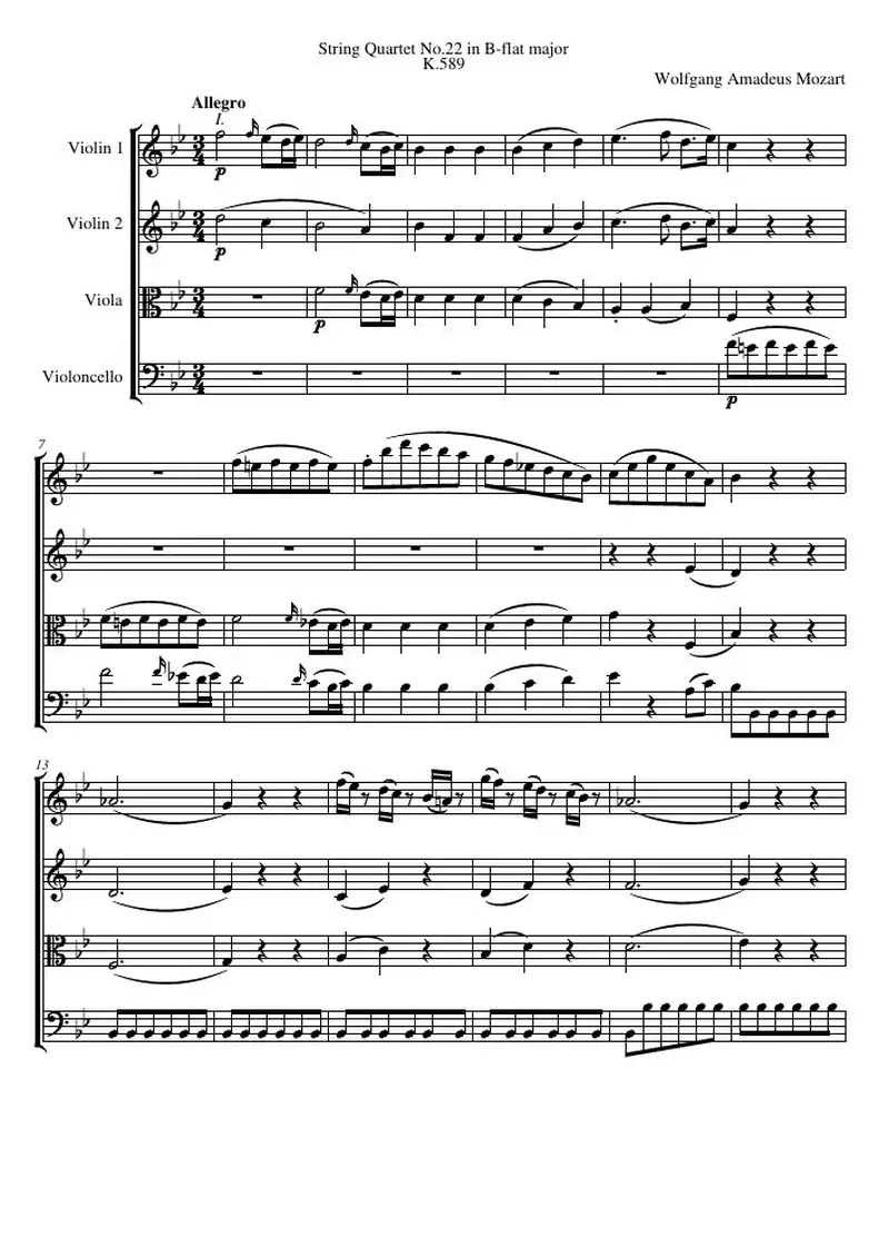 Первая страница нот «Струнный квартет №22 B-flat major, K.589»