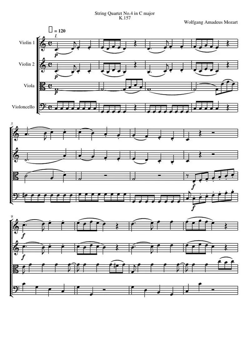 Первая страница нот «Струнный квартет №4 C major, K.157»