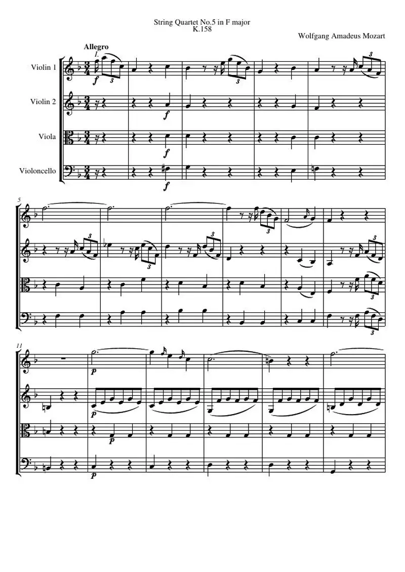 Первая страница нот «Струнный квартет №5 F major, K.158»