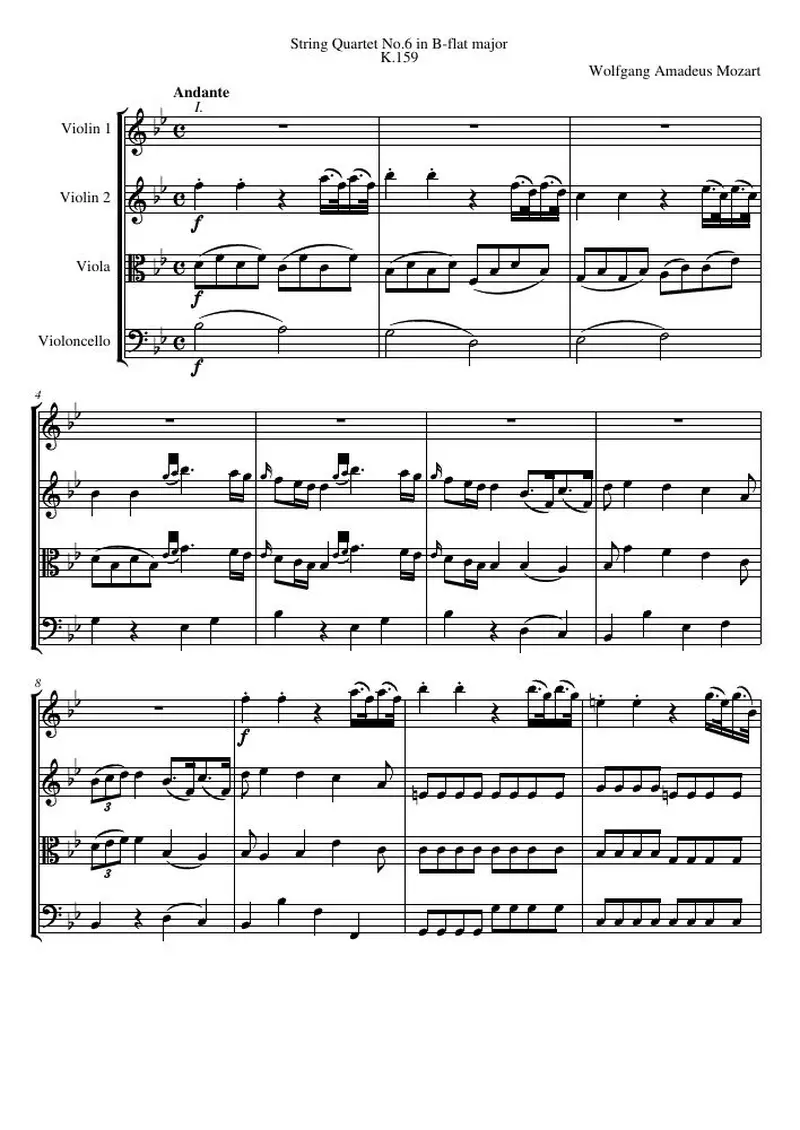 Первая страница нот «Струнный квартет №6 B-flat major, K.159»