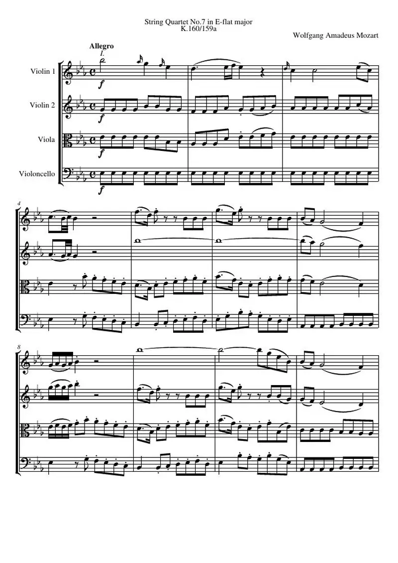 Первая страница нот «Струнный квартет №7 E-flat major, K.160/159a»