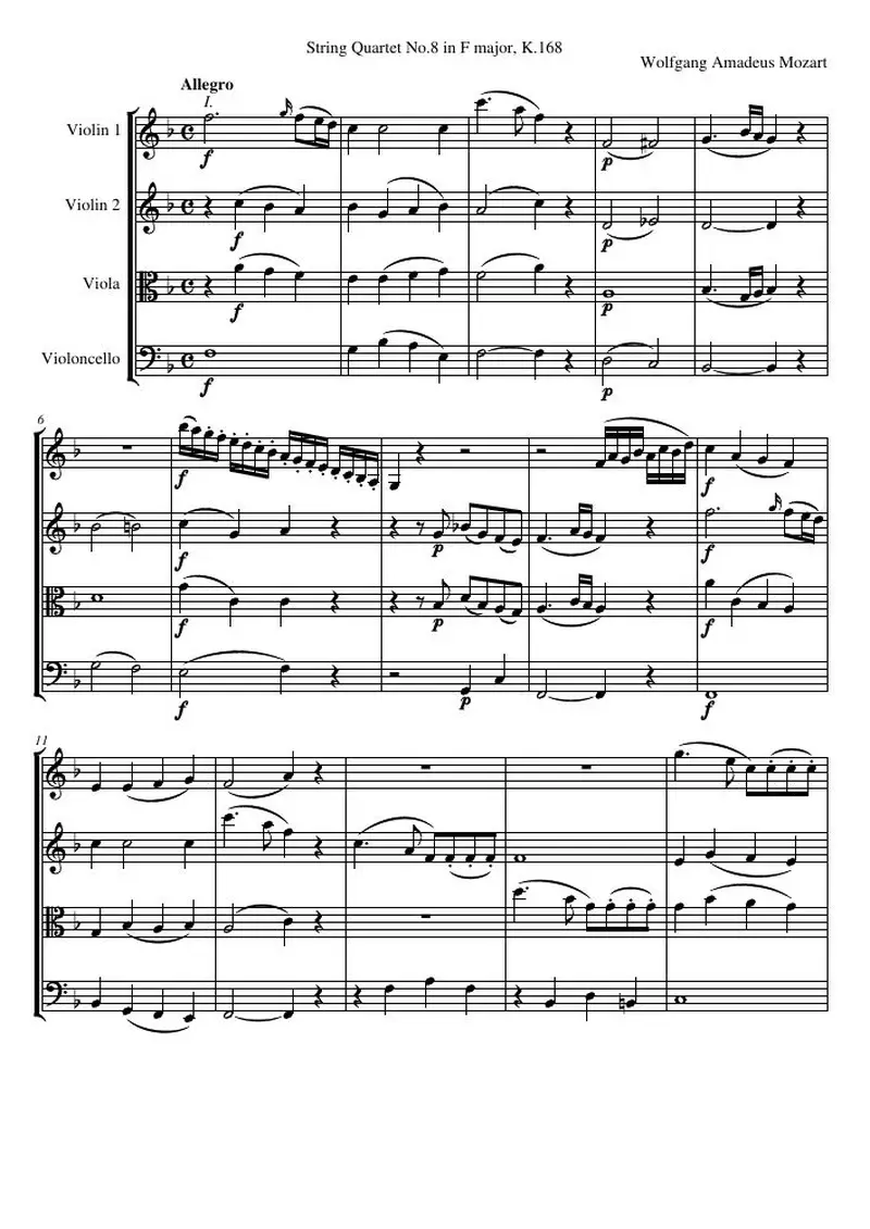 Первая страница нот «Струнный квартет №8 F major, K.168»