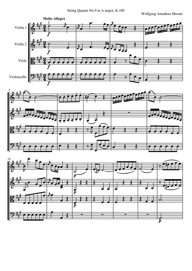 Первая страница нот «Струнный квартет №9 A major, K.169»