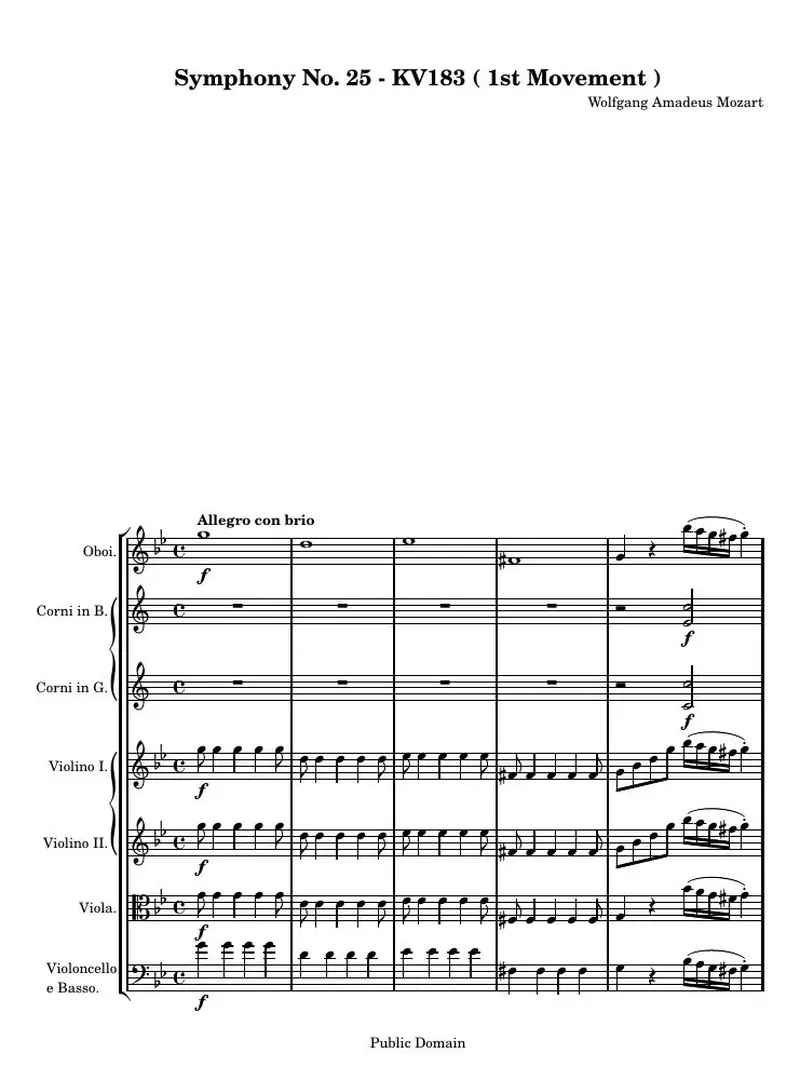 Первая страница нот «Symphony № 25 - KV183 (1st Movement)»