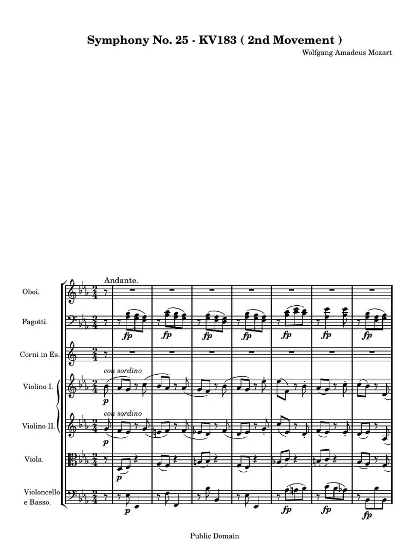 Первая страница нот «Symphony № 25 - KV183 (2nd Movement)»