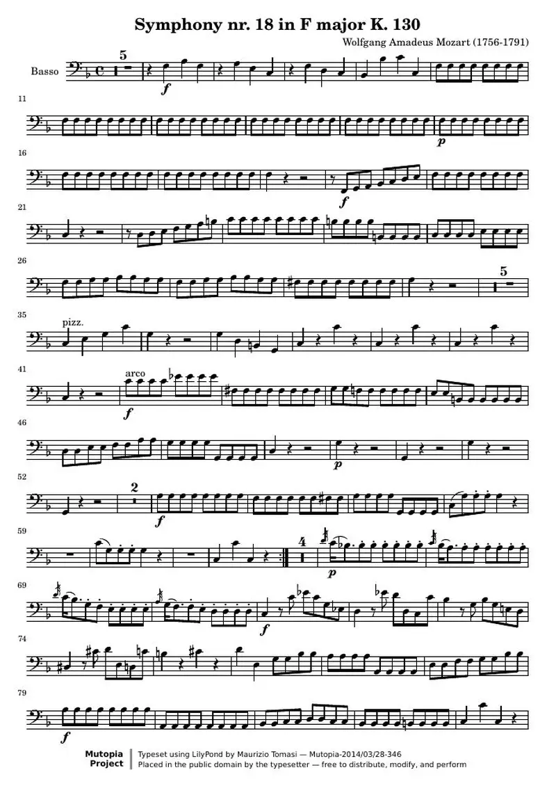 Первая страница нот «Symphony nr. 18 F major K. 130 (KV 130) — k130-basso»