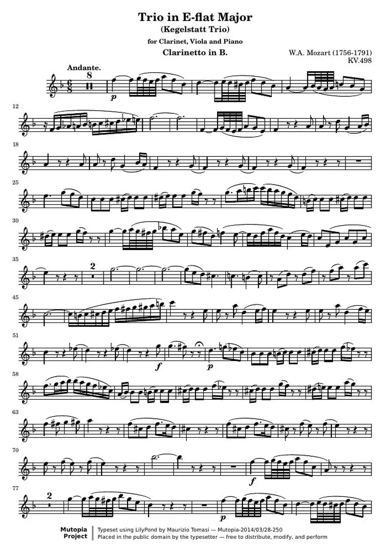 Первая страница нот «Trio E-flat мажор KV. 498 (KV 498) — k498-clarinet»