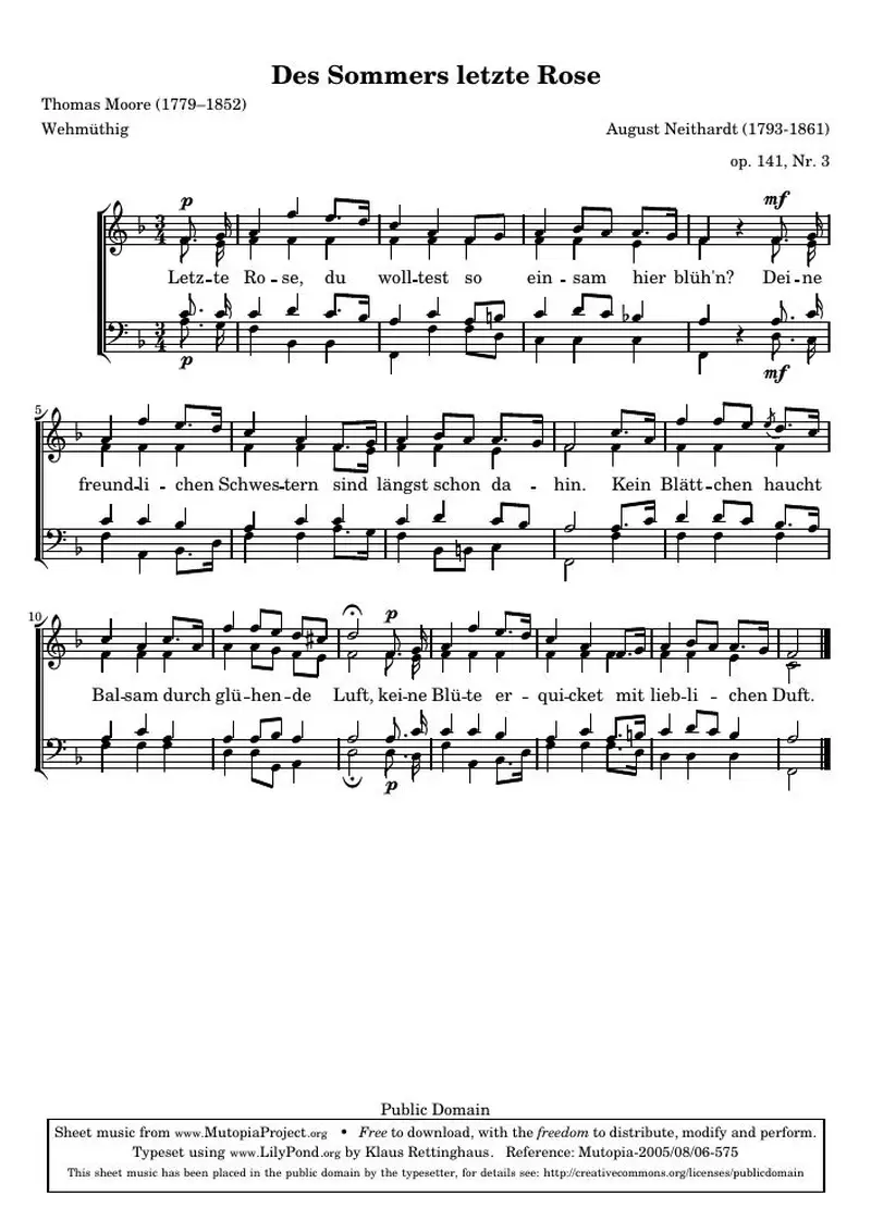 Первая страница нот «Des Sommers letzte Rose (соч. 141, № 3)»