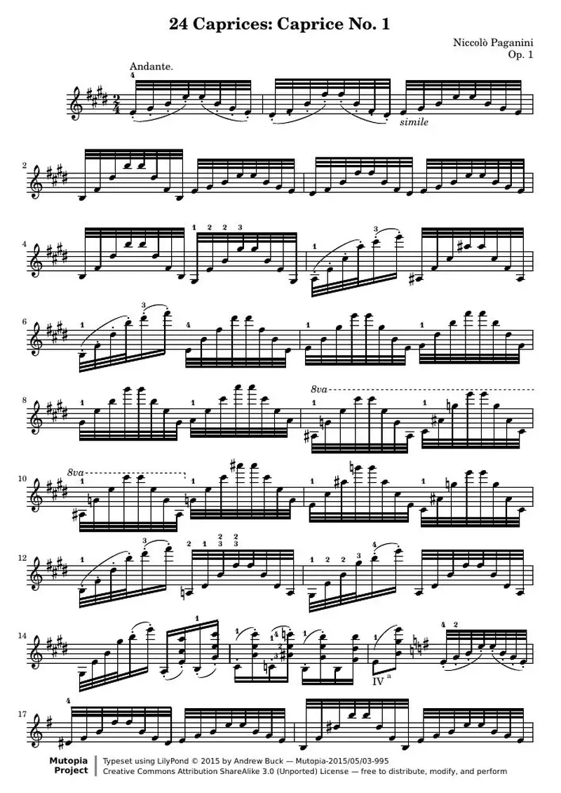 Первая страница нот «24 Каприс for Solo Violin: 01»