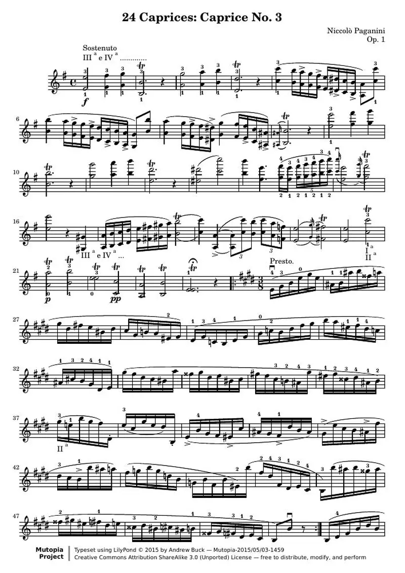 Первая страница нот «24 Каприс for Solo Violin: 03»