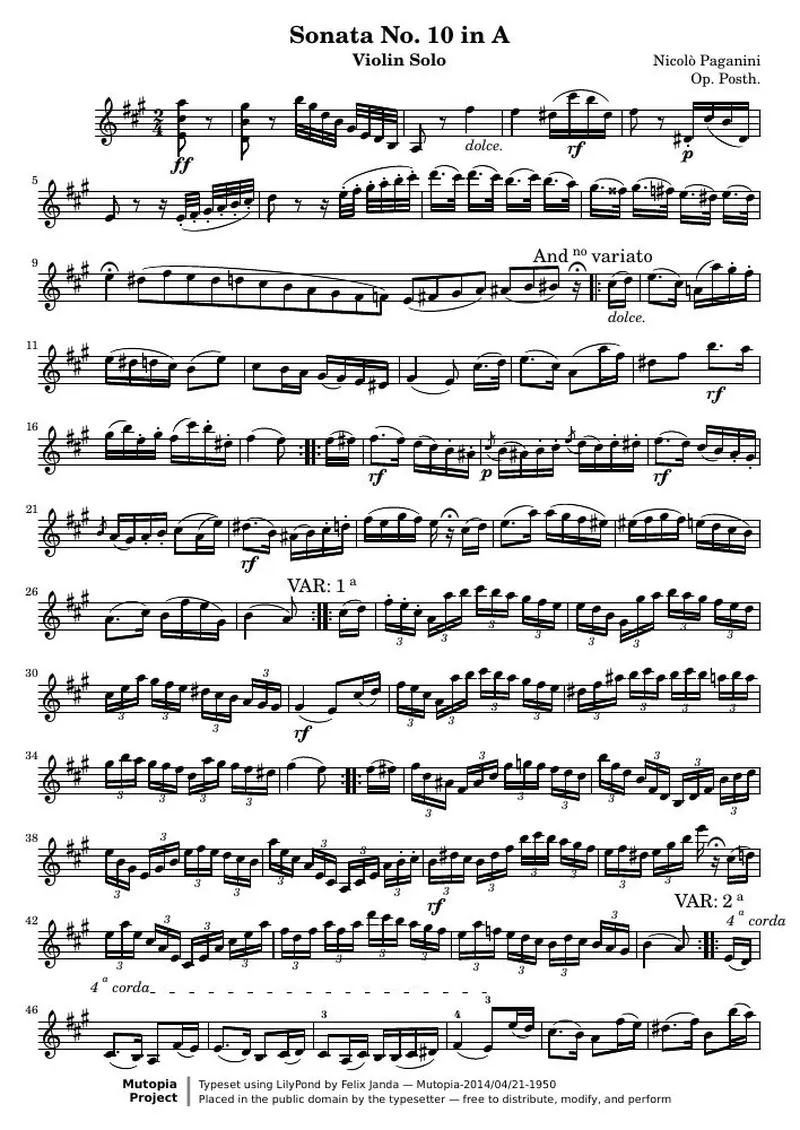 Первая страница нот «Соната № 10 A (соч. Posth.) — violinsolo»