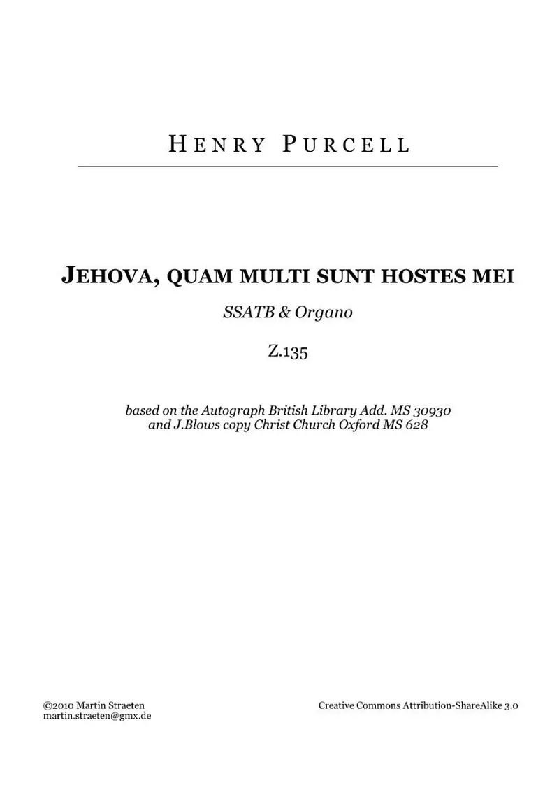 Первая страница нот «Jehova, quam multi sunt hostes mei»