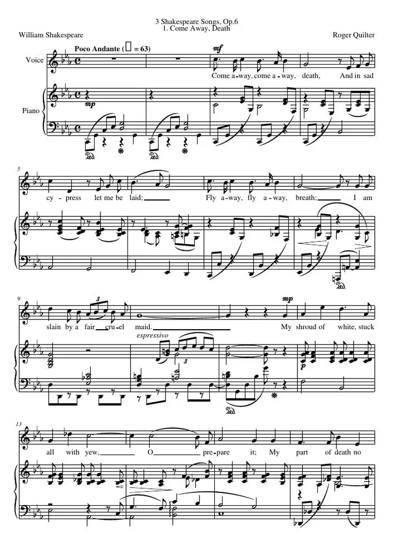 Первая страница нот «Come Away, Death»