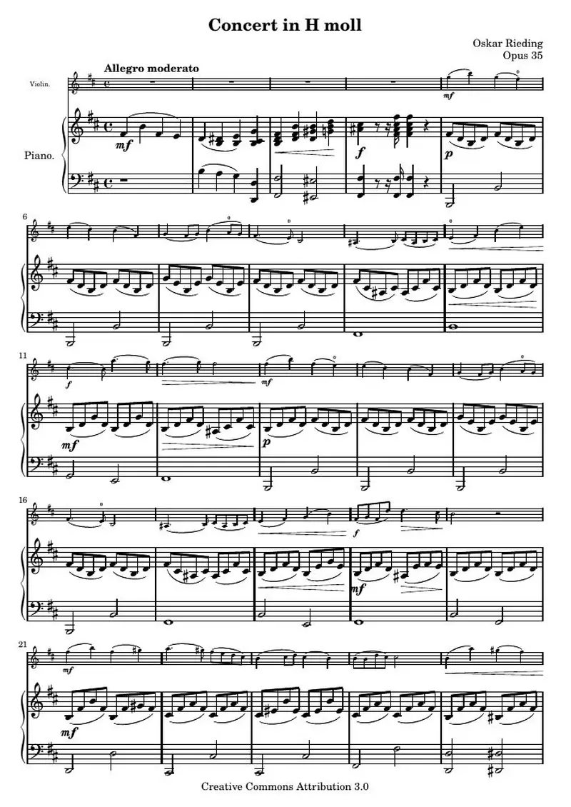Первая страница нот «Концерт B минор (Opus 35) — rieding_opus_35_piano_score»