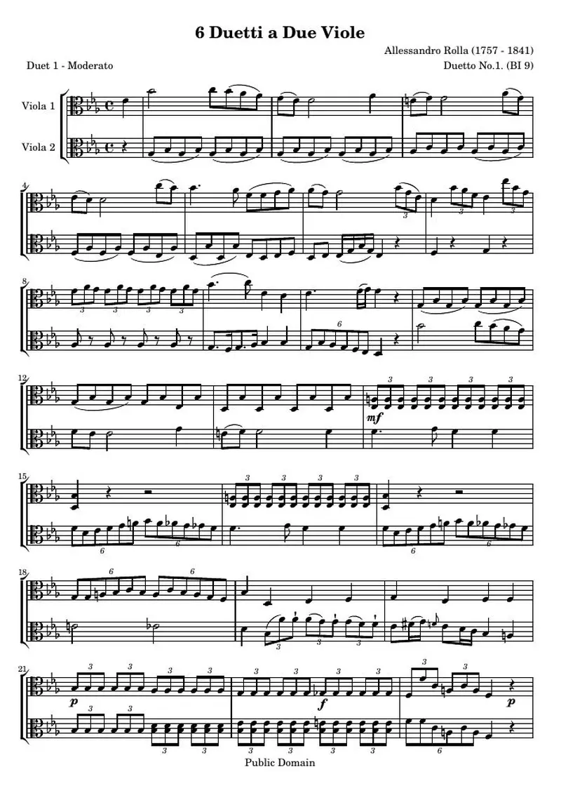 Первая страница нот «6 Duetti a Due Viole: № 1 (Duetto №1. (BI 9)) — rolla_6duos_1_score»