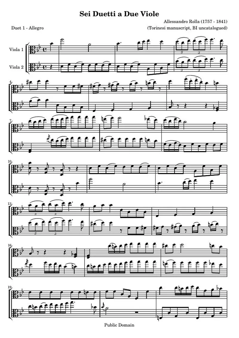 Первая страница нот «Sei Duetti a Due Viole ((Torinesi manuscript, BI uncatalogued)) — tor_1_score»