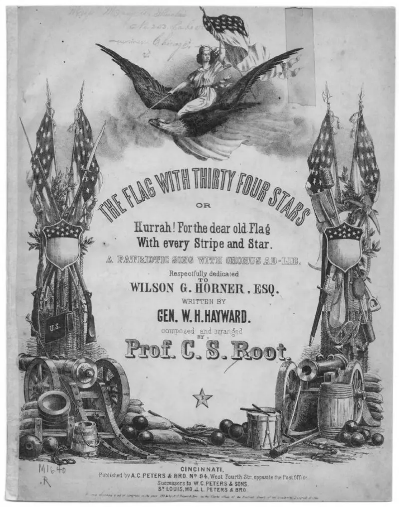 Первая страница нот «The Flag with thirty four stars, or Hurrah for the dear old flag with every stripe and star»