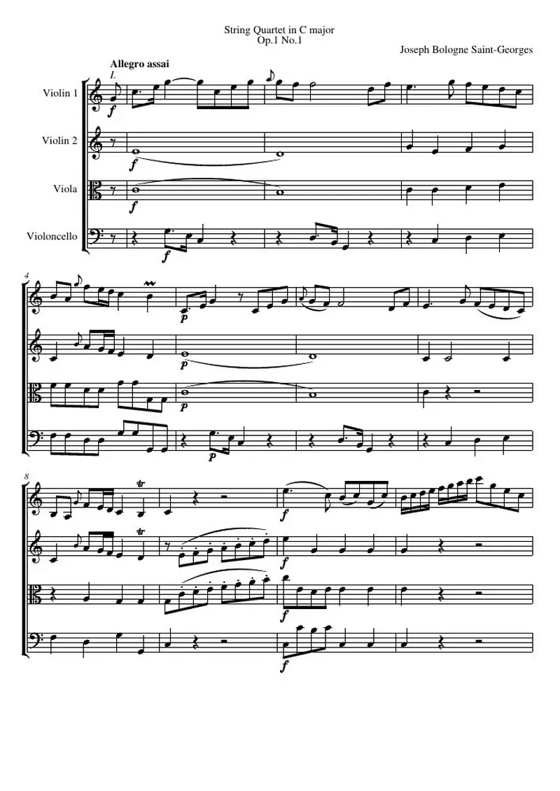 Первая страница нот «Струнный квартет C major, соч.1 №1»