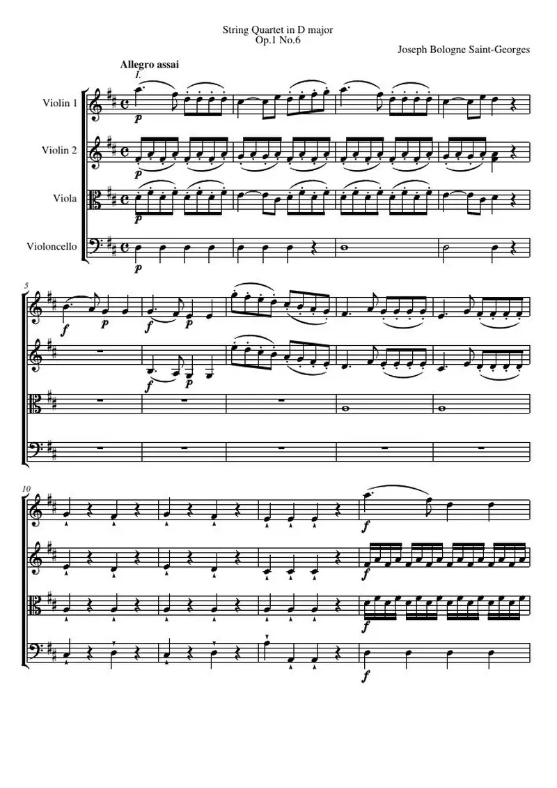 Первая страница нот «Струнный квартет D major, соч.1 №6»
