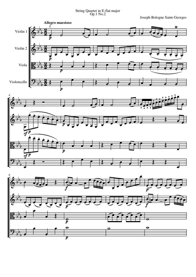Первая страница нот «Струнный квартет E-flat major, соч.1 №2»