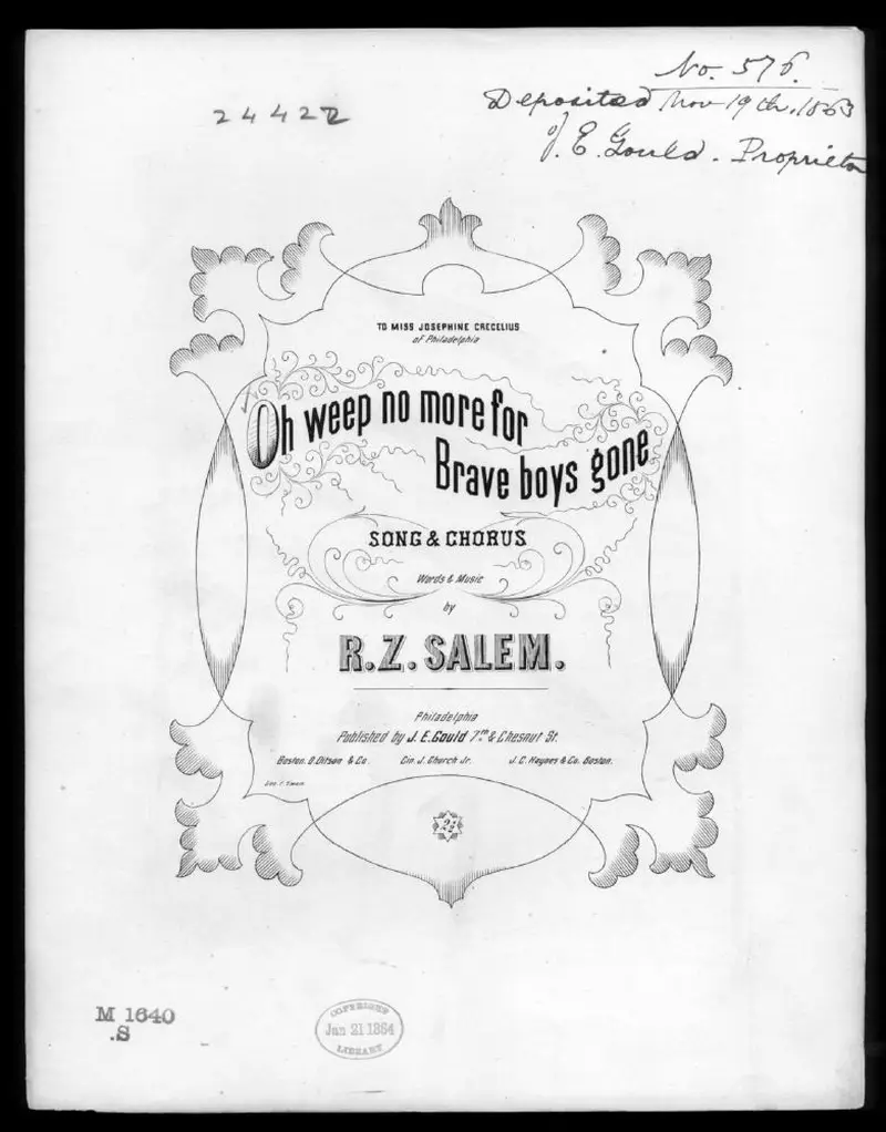 Первая страница нот «Oh, weep no more for brave boys gone»