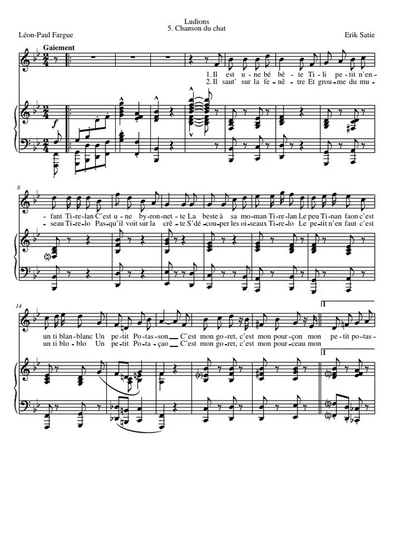 Первая страница нот «Chanson du chat»