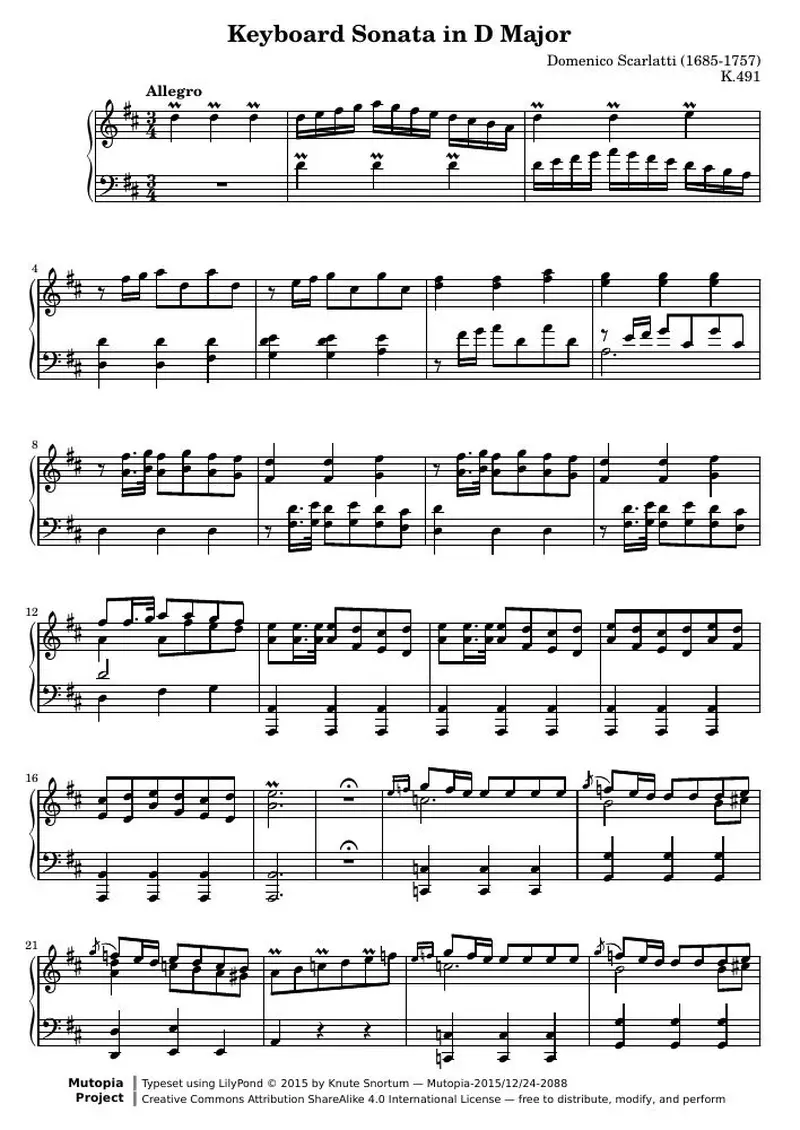 Первая страница нот «Keyboard Соната D мажор»