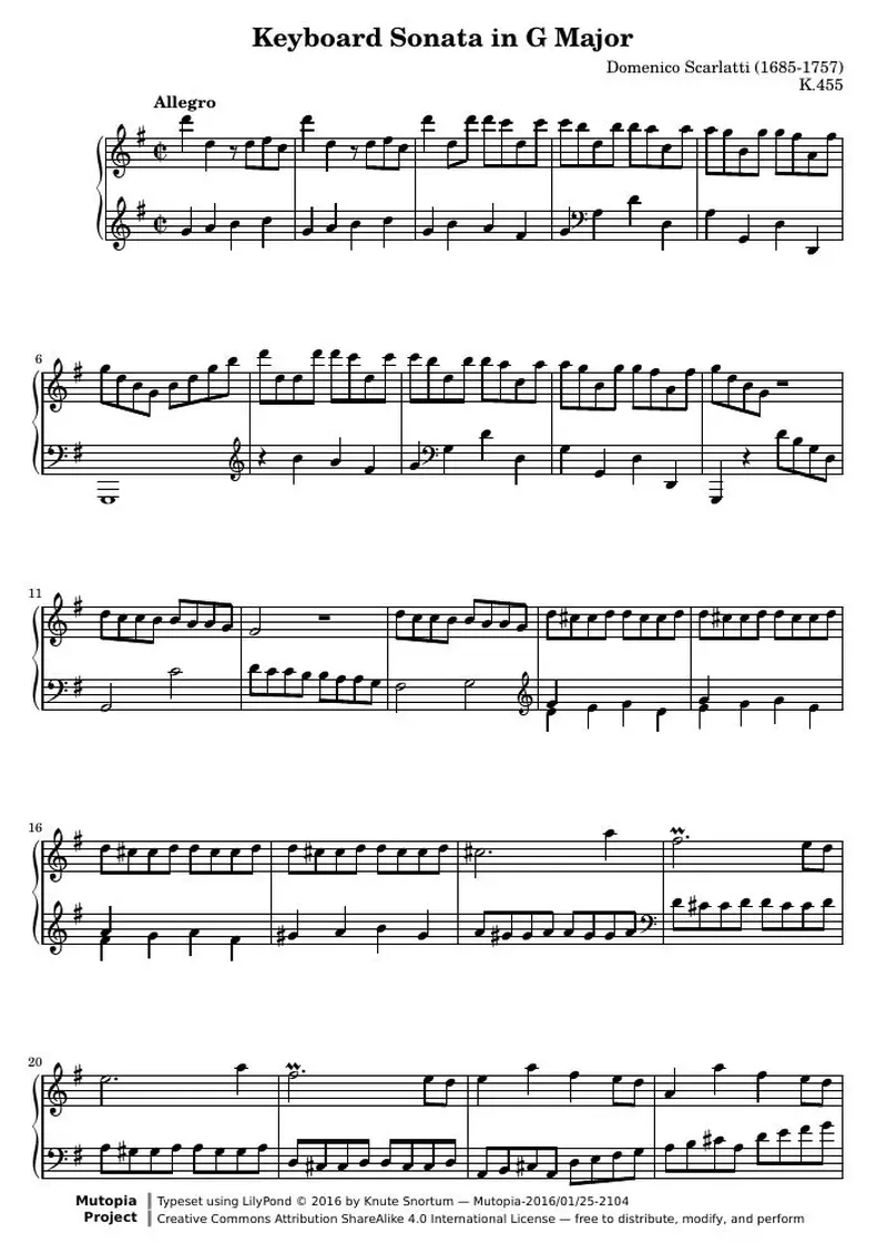 Первая страница нот «Keyboard Соната G мажор»