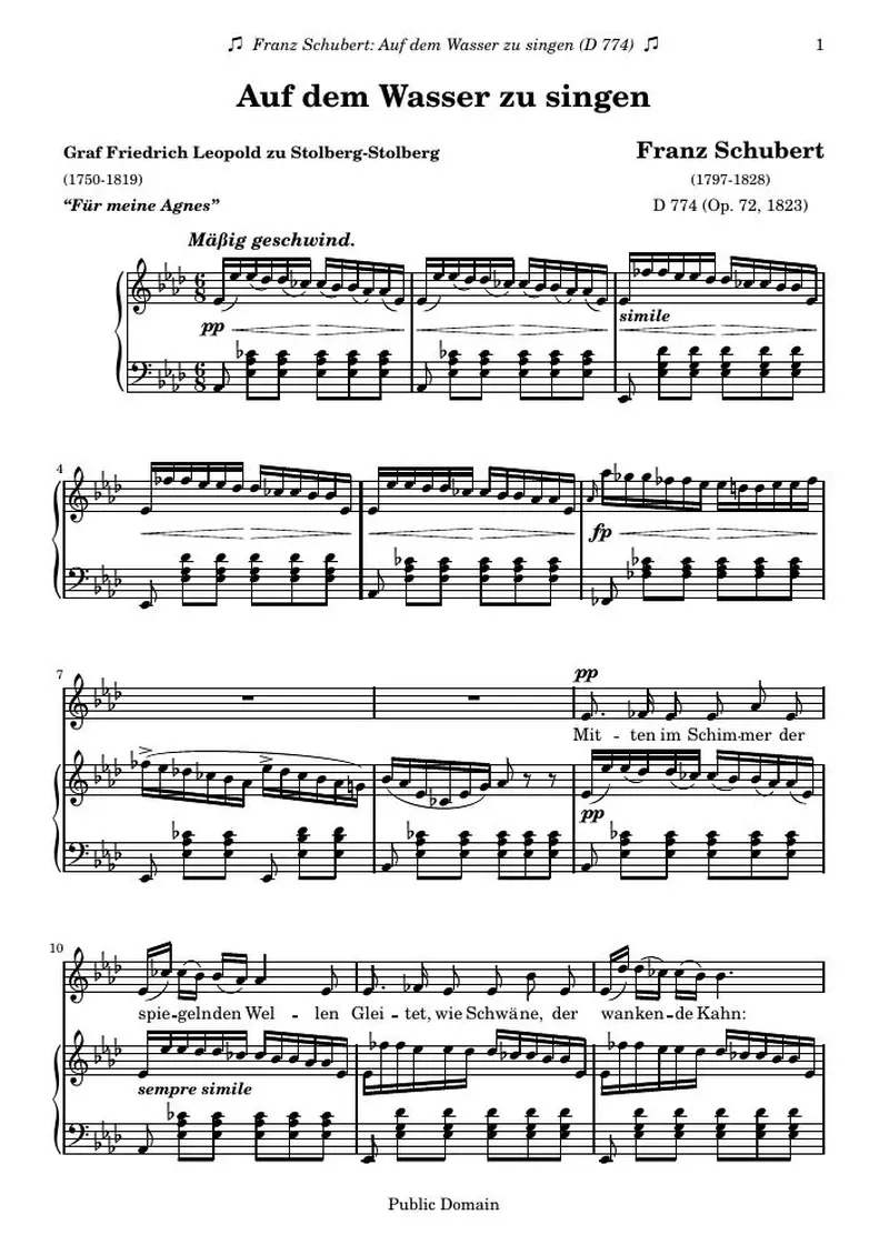 Первая страница нот «Auf dem Wasser zu singen»